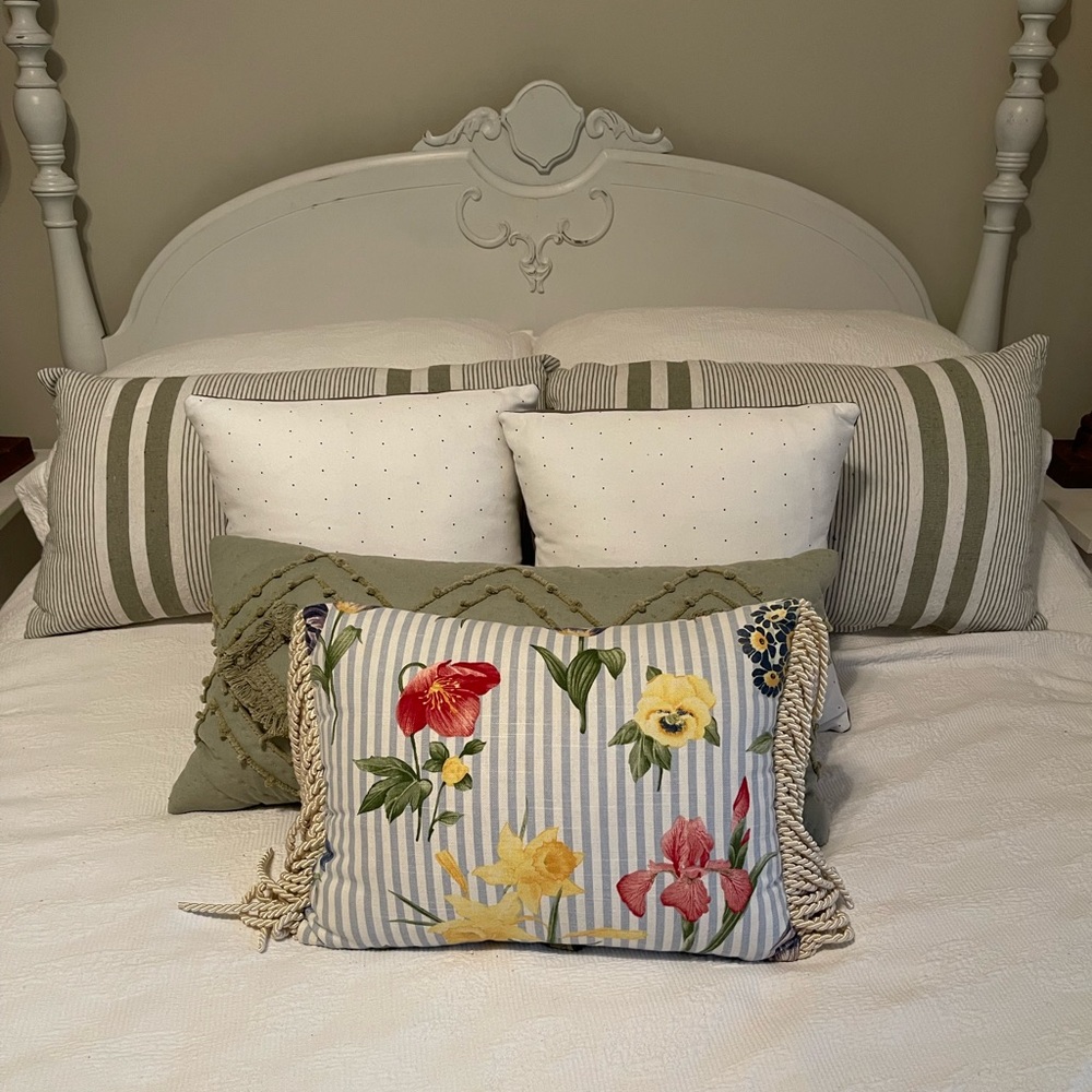 Stratford Home Lumbar Sized Striped Floral Tasseled Pillow